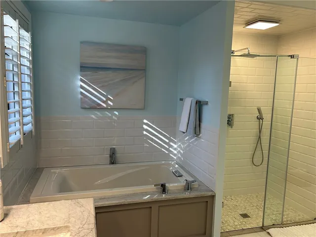 a bathroom with a bathtub and a shower