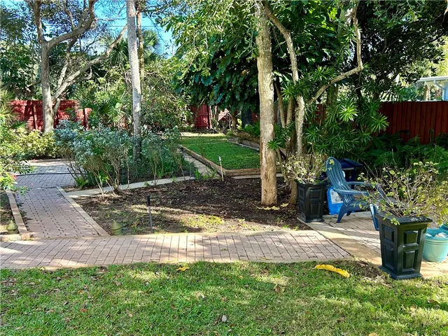 a view of a garden with a tree