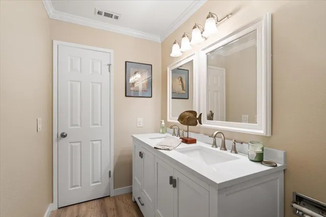 a bathroom with a sink vanity and a mirror