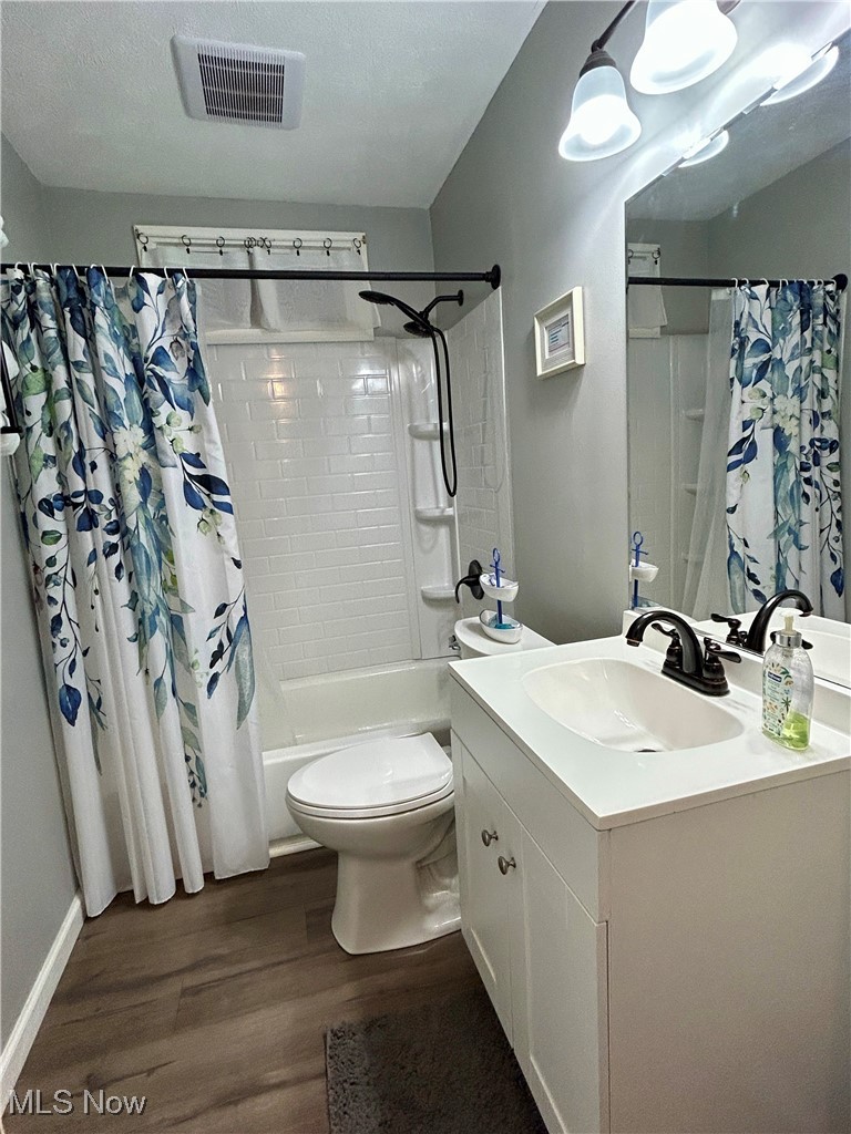 364 Erie Road Vermilion, OH 44089 - Photo 13 of 20 Bathroom featuring vanity, dark wood-style floors, and shower / bath combo with shower curtain