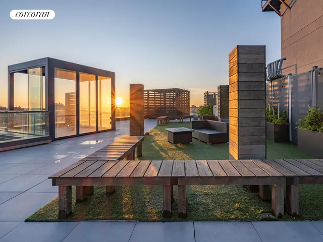 a terrace with a city view