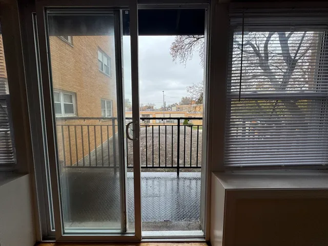 a view of a balcony from a window