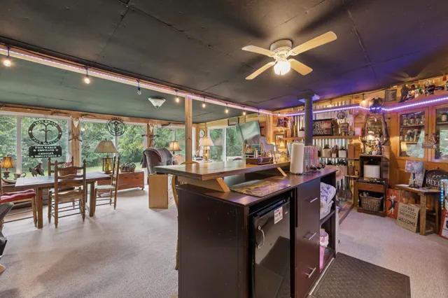 a view of a dining room with furniture