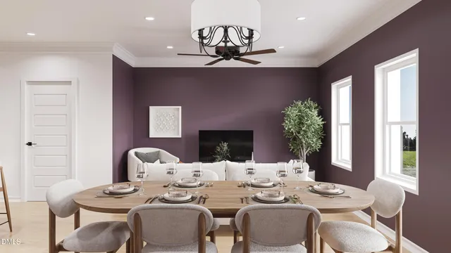 a dining room with furniture a chandelier and kitchen view