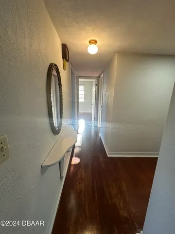 a view of a hallway with wooden floor and a potted plant
