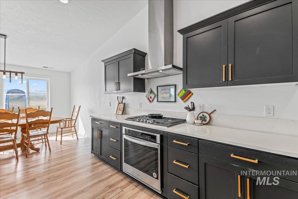8843 Highway 78 Marsing, ID 83639 - Photo 20 of 48 Kitchen featuring stainless steel appliances, light stone counters, light wood-type flooring, a textured ceiling, and dark cabinetry