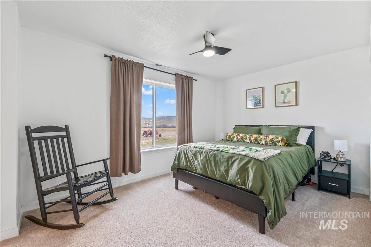 8843 Highway 78 Marsing, ID 83639 - Photo 29 of 48 Bedroom with light carpet, a ceiling fan, and a mountain view