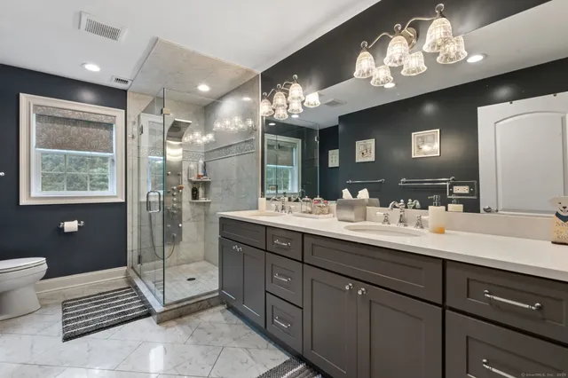 a bathroom with a double vanity sink a toilet a mirror and shower