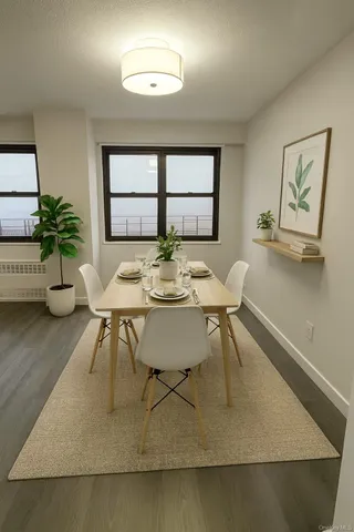 a view of a dining room with furniture and wooden floor