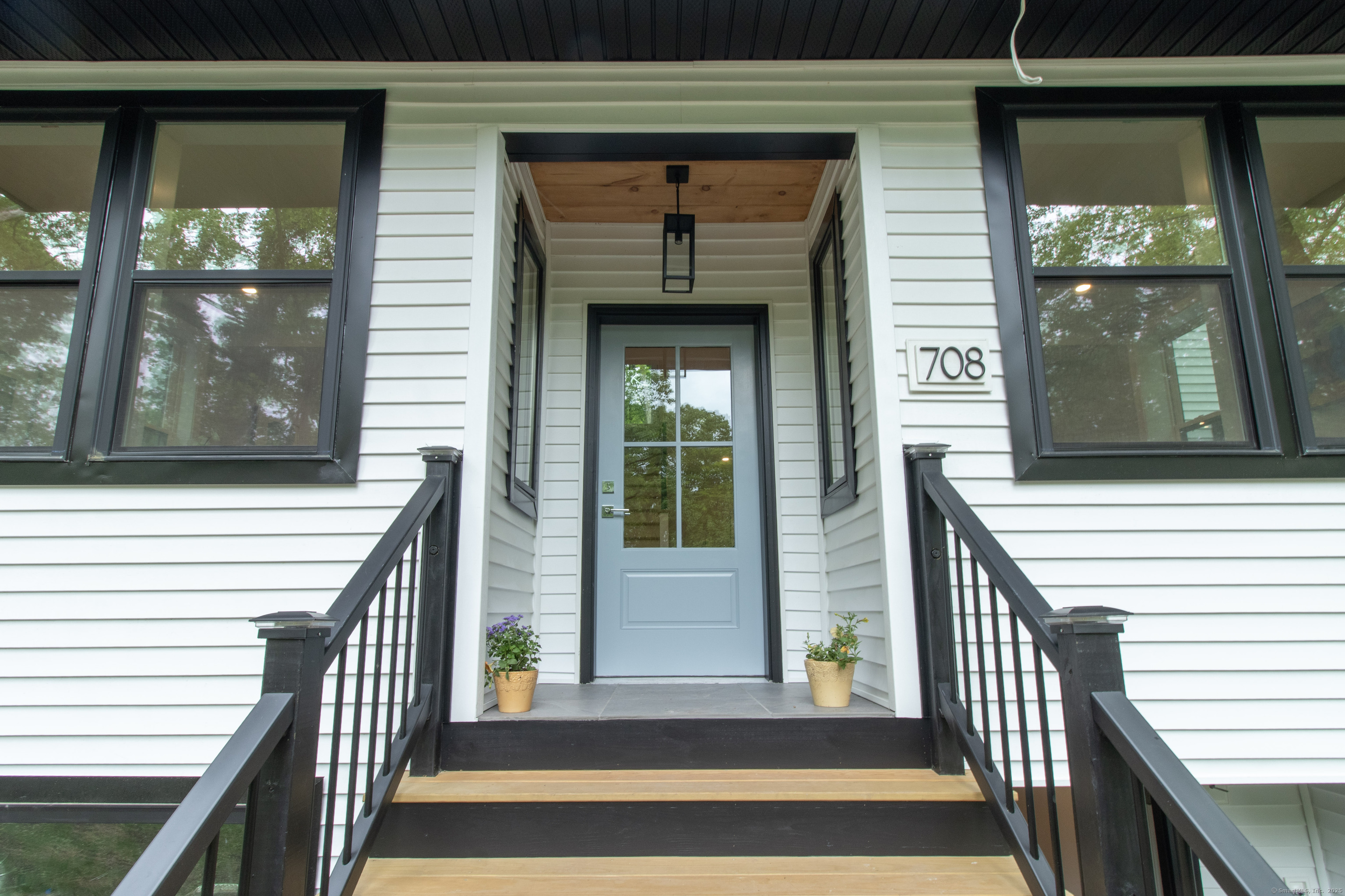 a view of a balcony with door