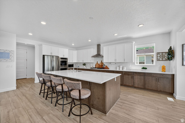 1165 West Union Bench Drive Mapleton, UT 84664 - Photo 12 of 61 Modern kitchen featuring a large central island with seating, stainless steel appliances, upper white cabinetry, lower wood-finish cabinetry, and wood-finish flooring