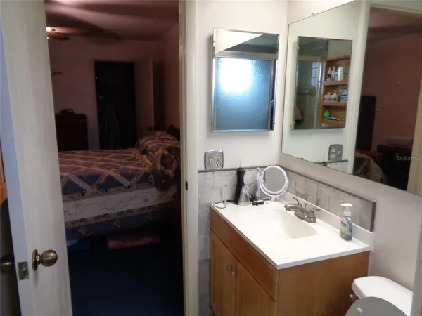 a bathroom with a sink and a mirror