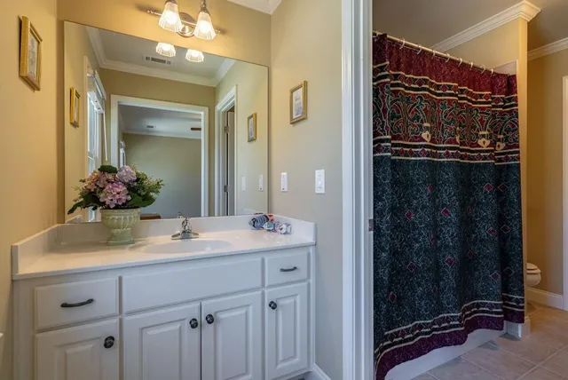a view of a brick house with a yard and plants