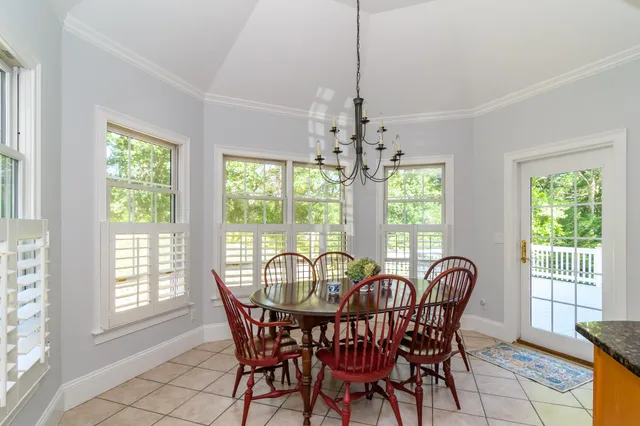 a view of a dining room with furniture window and outside view