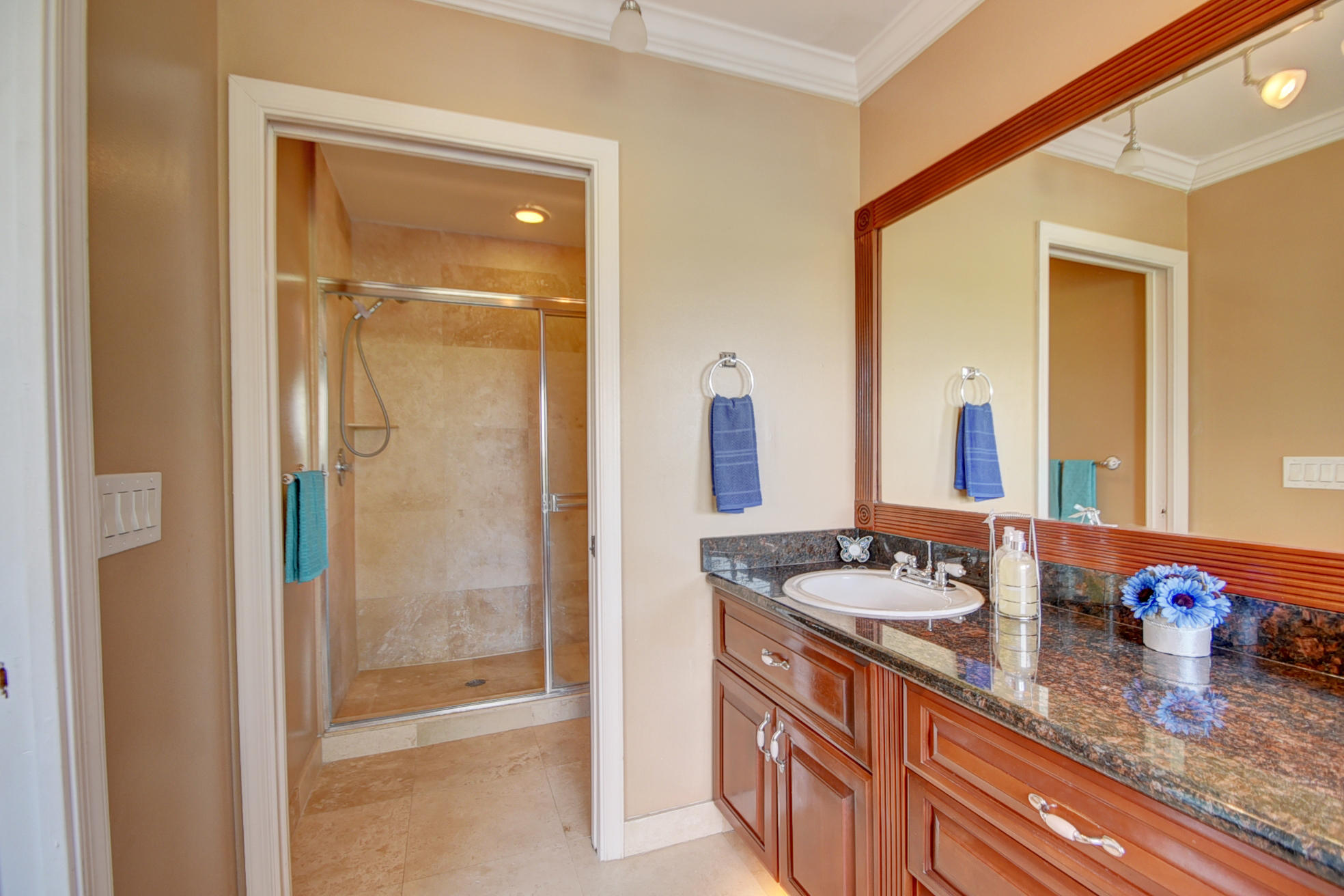 18098 Clear Brook Circle Boca Raton, FL 33498 - Photo 30 of 48 a bathroom with a granite countertop sink and a mirror