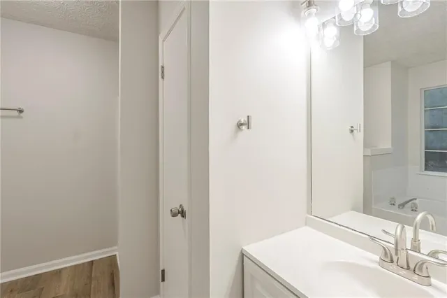 a bathroom with a sink vanity and a mirror