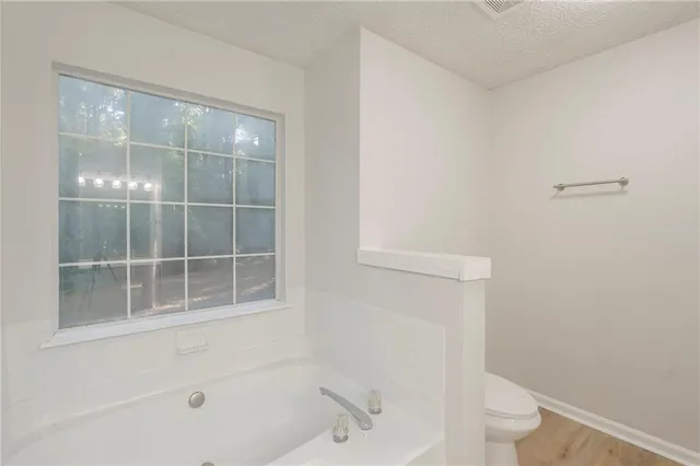 a bathroom with a bathtub and a toilet