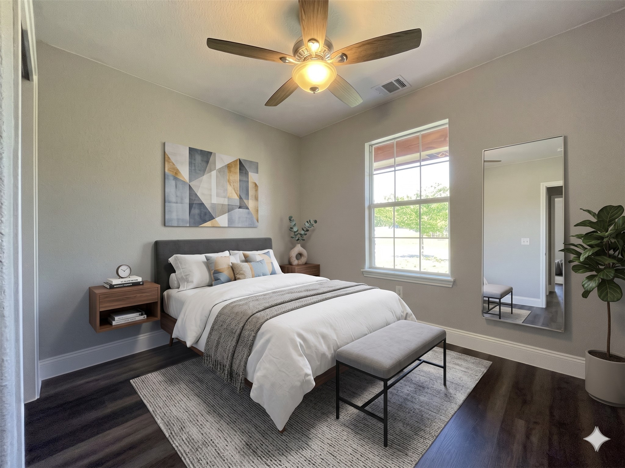 2004 Maple Street Georgetown, TX 78626 - Photo 5 of 31 Bedroom featuring wood-finish flooring, a double-hung window, crown molding, and a ceiling fan with integrated lighting