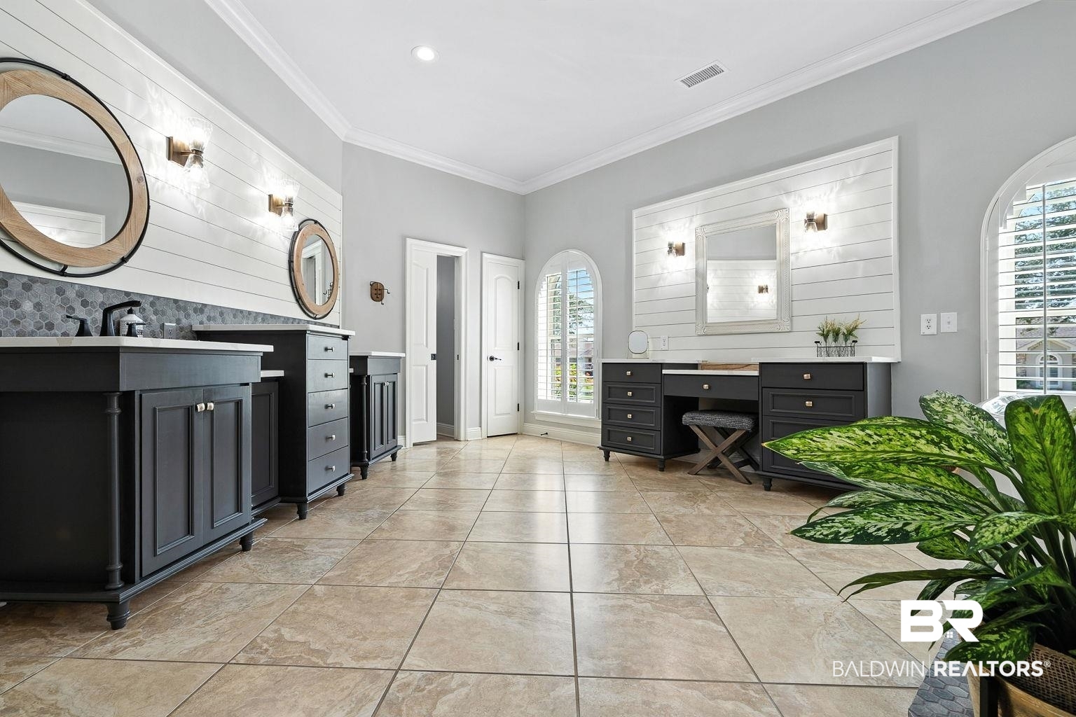 23357 Carnoustie Drive Foley, AL 36535 - Photo 52 of 99 Full bath with two vanities, ornamental molding, tile patterned floors, decorative backsplash, and recessed lighting