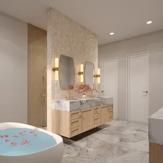 a spacious bathroom with a tub sink and mirror