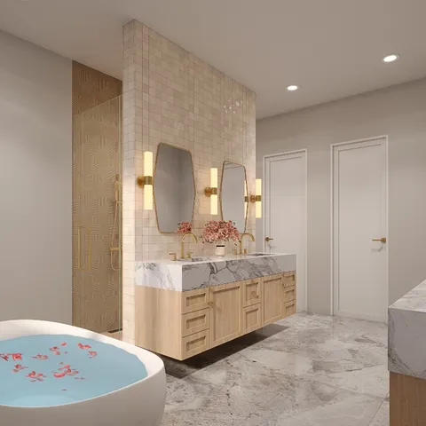 a spacious bathroom with a tub sink and mirror