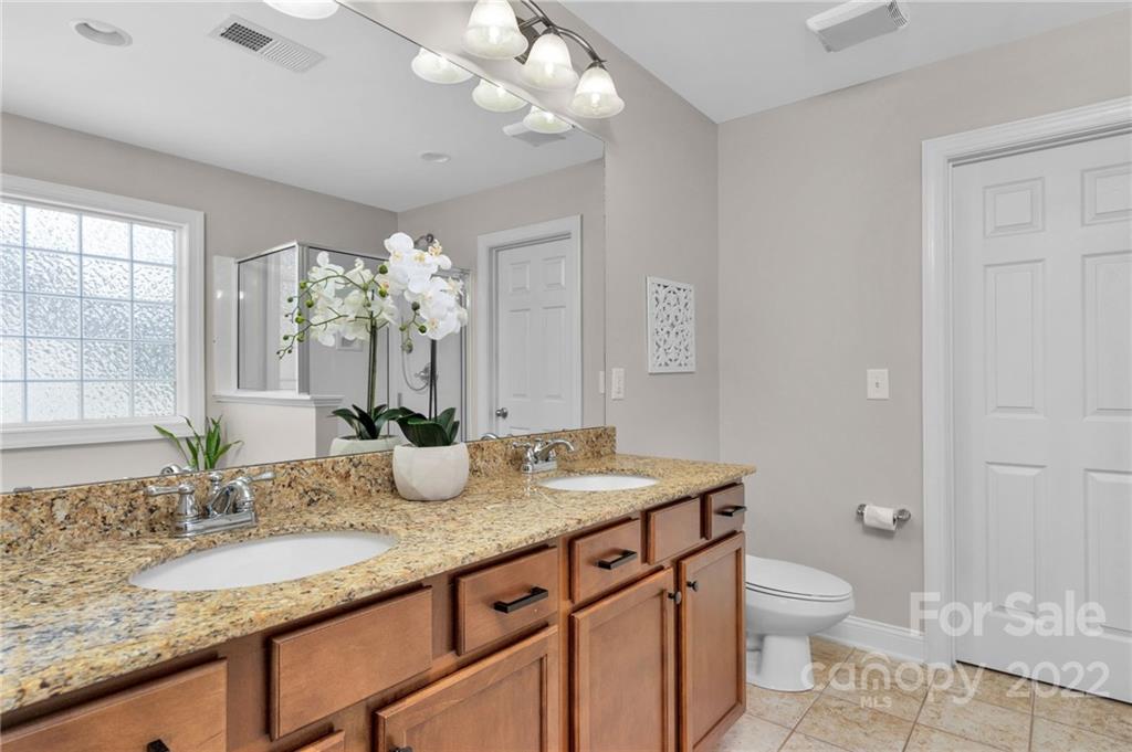 1640 Ridgehaven Road Waxhaw, NC 28173 - Photo 19 of 36 a bathroom with a granite countertop sink a toilet and a large mirror