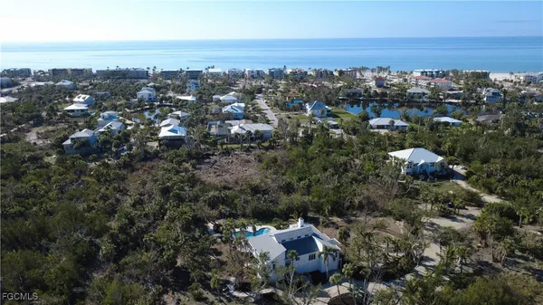 an aerial view of a house with a yard and large trees
