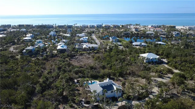 an aerial view of a house with a yard and large trees