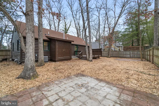 a backyard of a house with a large tree