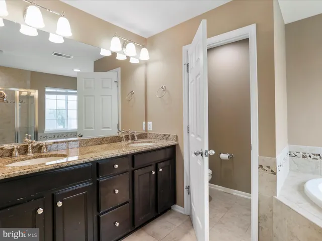 a bathroom with a granite countertop sink a toilet and a large mirror