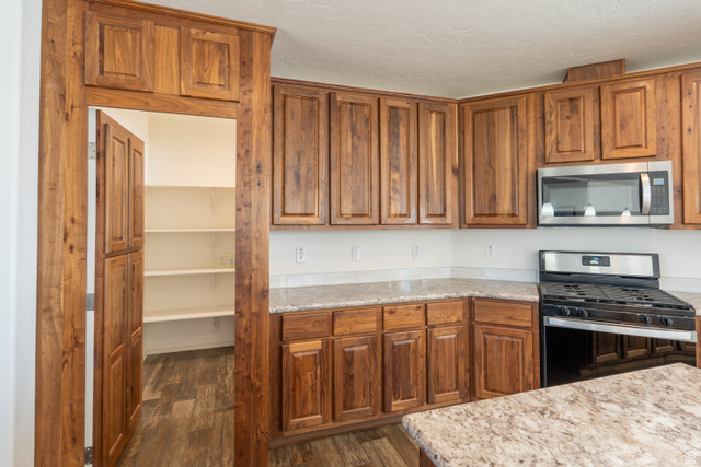 700 East Peter Springs Road Monticello, UT 84535 - Photo 11 of 57 Kitchen featuring extensive wood cabinetry, granite-finish countertops, stainless steel microwave, gas range, and a walk-in pantry with white shelving
