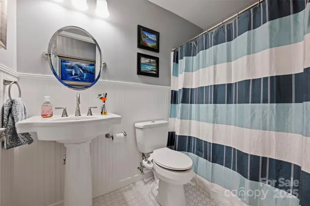 a bathroom with a sink a mirror a toilet and a shower