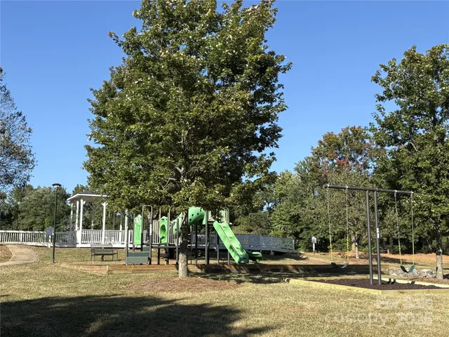 a view of a park with large trees