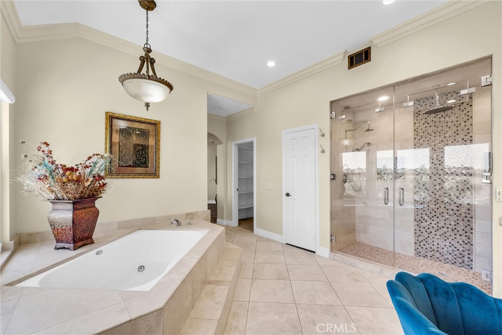 25672 Raintree Road Laguna Hills, CA 92653 - Photo 32 of 50 a spacious bathroom with a tub shower and a mirror