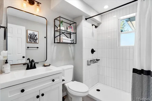 a bathroom with a sink a toilet a shower and a mirror