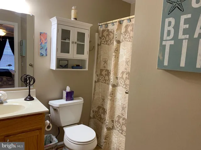 a bathroom with a sink a toilet and shower curtain