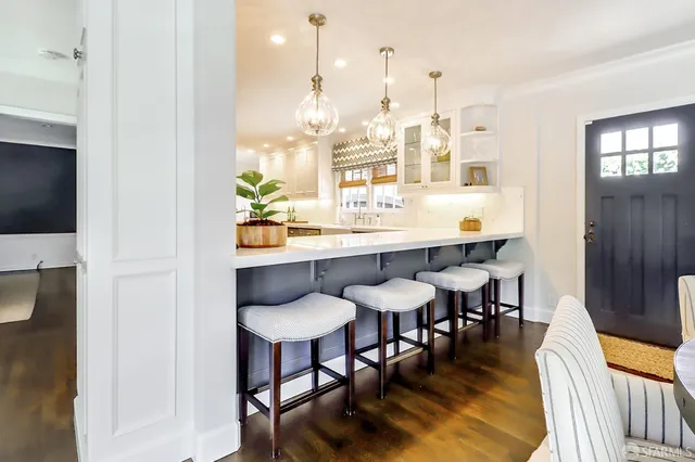 a view of a dining room with furniture