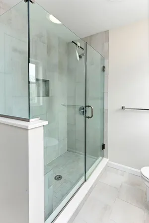 a bathroom with a shower and a toilet