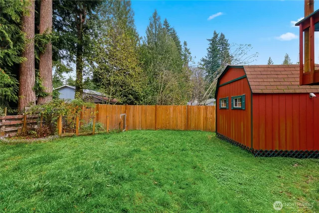 a view of backyard with potted plants and large tree