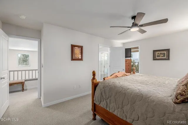 a bedroom with a bed and a cabinets