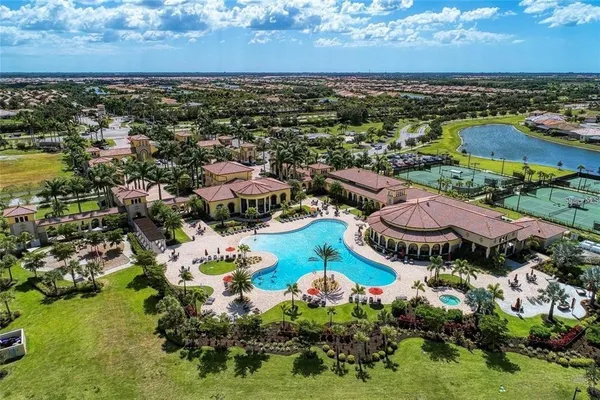 an aerial view of a pool a yard patio and outdoor seating