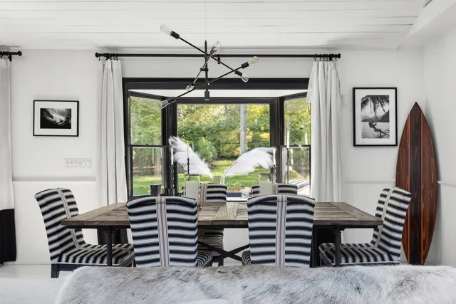 a view of a dining room with furniture window and outside view