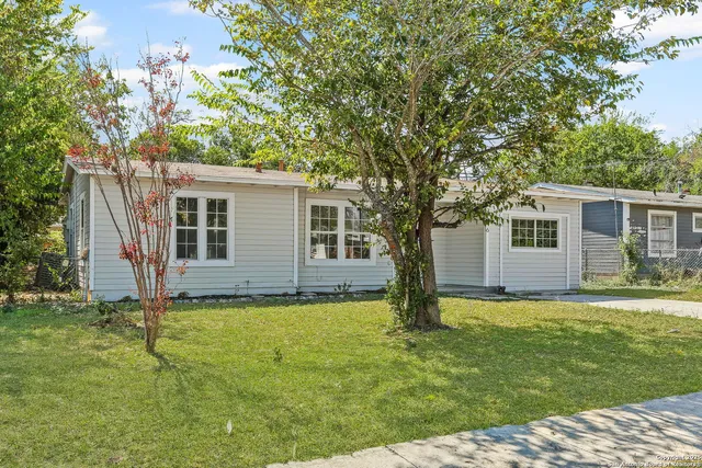 a view of a house with a large tree and a yard