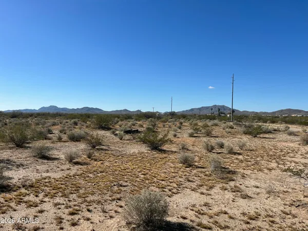 a view of a large building with mountains in the background