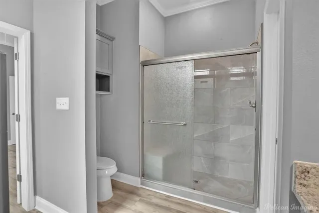 a bathroom with a shower and toilet