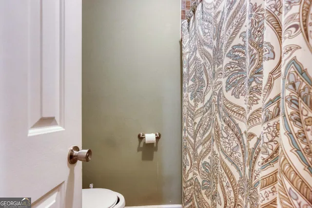 a bathroom with a toilet and a shower curtain