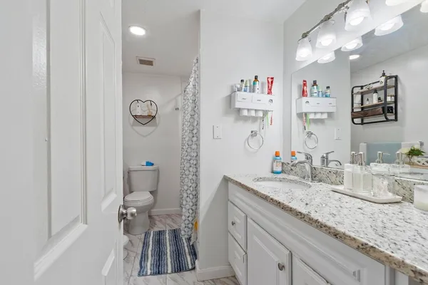 a bathroom with a granite countertop sink a toilet and a shower