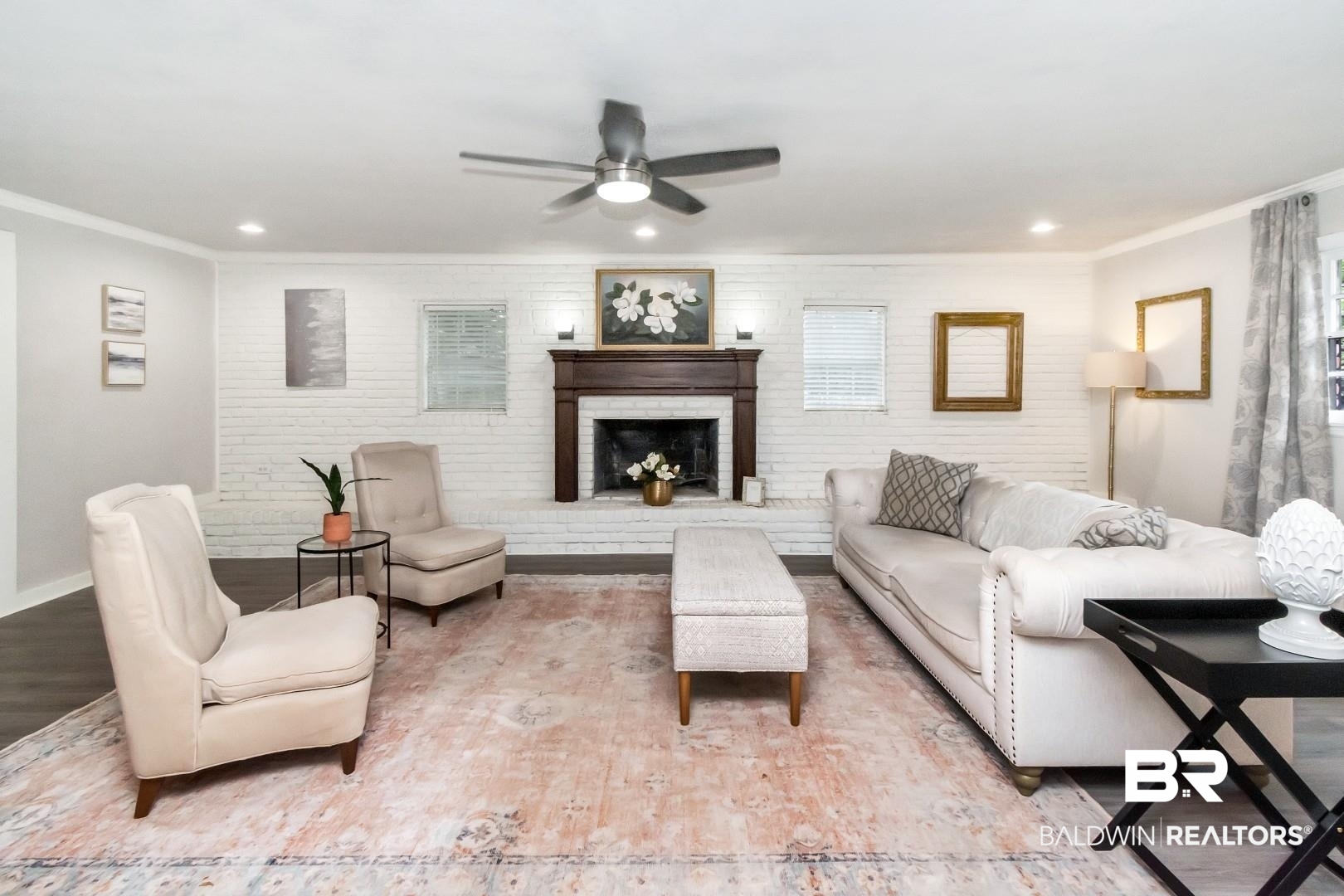 1334 Leroy Stevens Road Mobile, AL 36695 - Photo 8 of 46 Living area with a ceiling fan, crown molding, light wood finished floors, a fireplace, and recessed lighting
