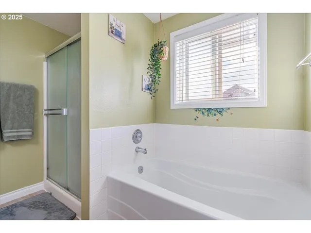 a bathroom with a bathtub and a shower