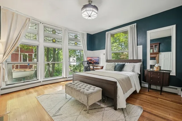 a spacious bedroom with a bed and a large window